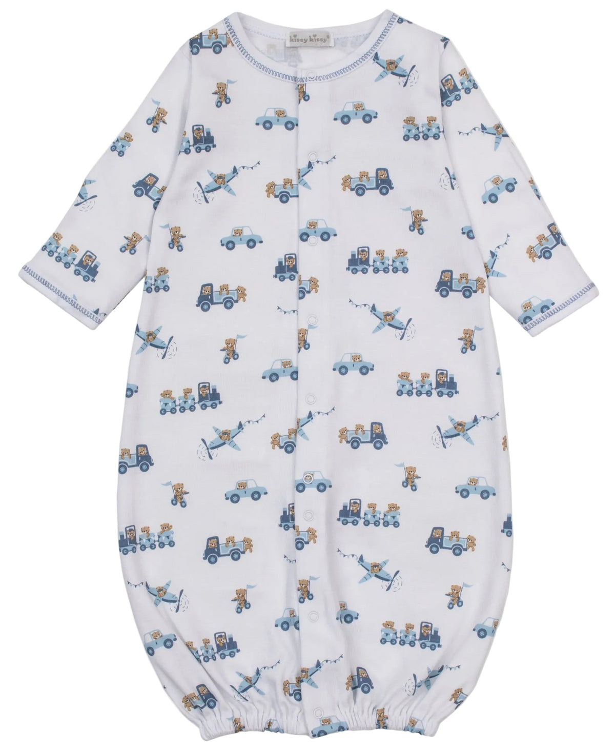 Kissy Kissy Baby Boys’ Bears on the Go Printed Convertible Gown crafted from soft Pima cotton, features a charming blue and tan vehicle and animal print, snap buttons down the front, and elastic at the bottom for easy changes.