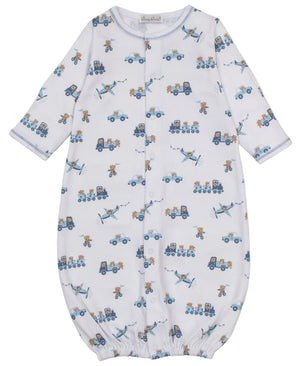 Kissy Kissy Baby Boys’ Bears on the Go Printed Convertible Gown crafted from soft Pima cotton, features a charming blue and tan vehicle and animal print, snap buttons down the front, and elastic at the bottom for easy changes.