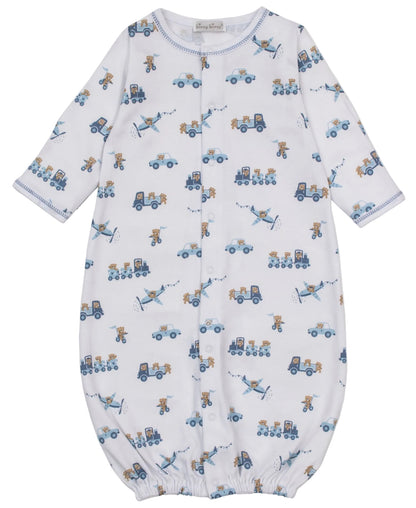 Kissy Kissy Baby Boys’ Bears on the Go Printed Convertible Gown crafted from soft Pima cotton, features a charming blue and tan vehicle and animal print, snap buttons down the front, and elastic at the bottom for easy changes.