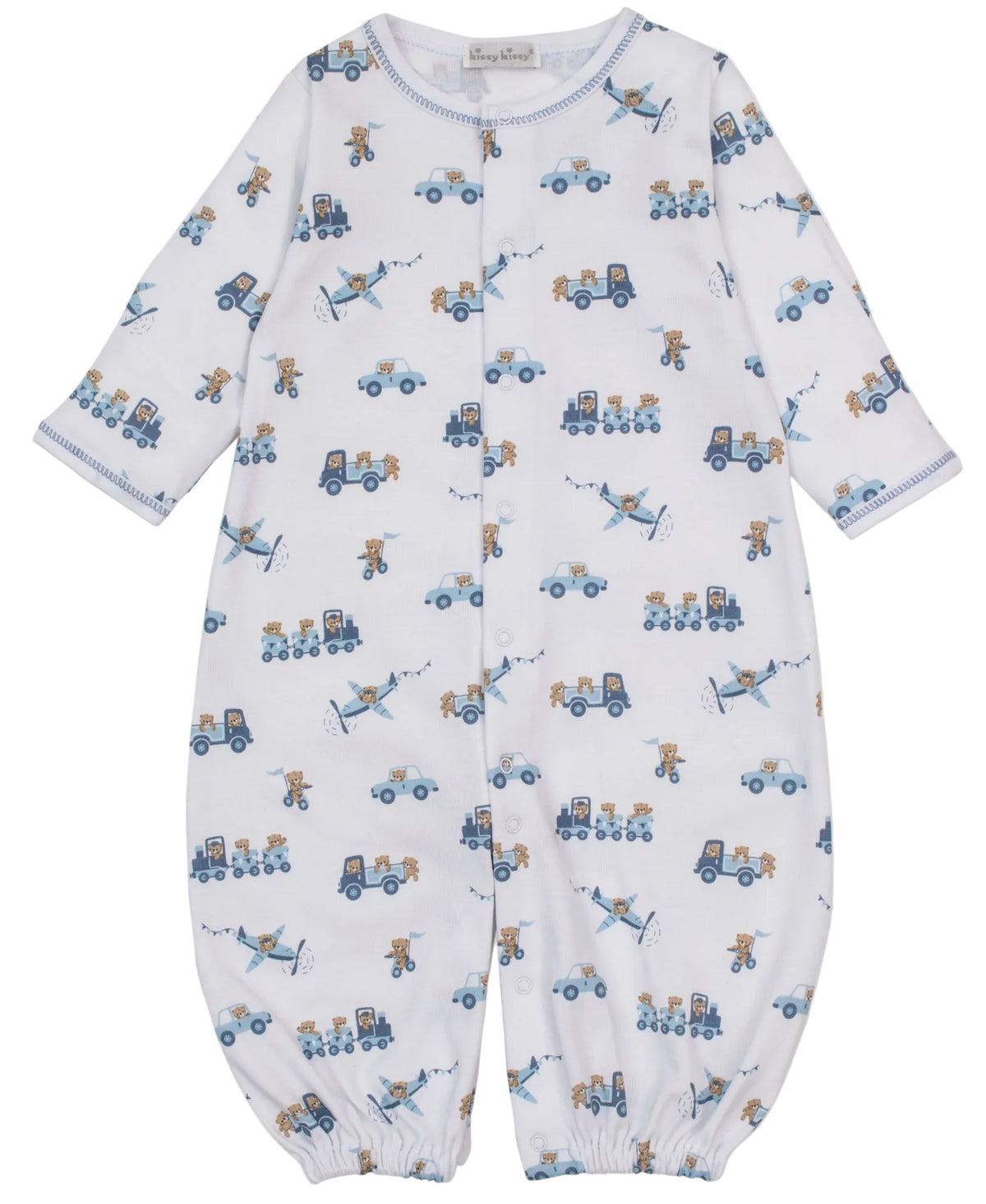 The Kissy Kissy Baby Boys’ Bears on the Go Printed Convertible Gown is crafted from soft Pima cotton and features a charming pattern of blue trucks, teddy bears, and trains. This cozy gown has long sleeves, convenient snap closures, elasticized ankles, and easily converts to a baby playsuit for added comfort and versatility.