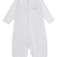 Introducing the Kissy Kissy Baby Premier Giraffe Love Hand Emb. Convertible Gown—a white, long-sleeve newborn essential made from soft Pima cotton. Featuring elastic cuffs, yellow trim, and a delicately hand-embroidered giraffe on the left chest, this cozy gown easily converts from a traditional sleep gown to a comfortable baby playsuit for maximum versatility.