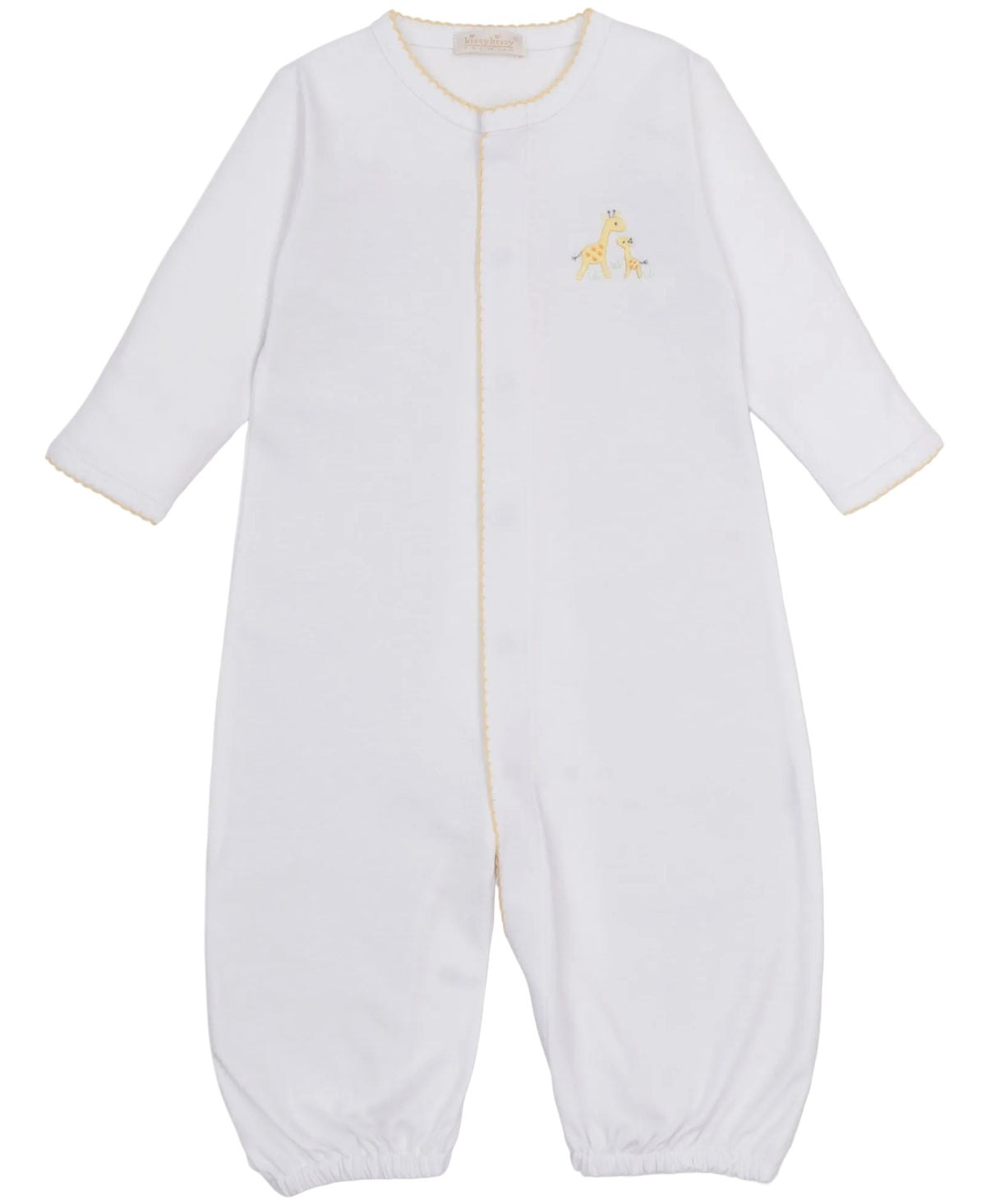 Introducing the Kissy Kissy Baby Premier Giraffe Love Hand Emb. Convertible Gown—a white, long-sleeve newborn essential made from soft Pima cotton. Featuring elastic cuffs, yellow trim, and a delicately hand-embroidered giraffe on the left chest, this cozy gown easily converts from a traditional sleep gown to a comfortable baby playsuit for maximum versatility.