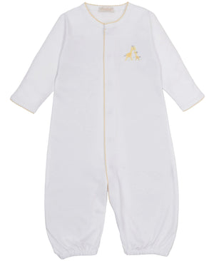 Introducing the Kissy Kissy Baby Premier Giraffe Love Hand Emb. Convertible Gown—a white, long-sleeve newborn essential made from soft Pima cotton. Featuring elastic cuffs, yellow trim, and a delicately hand-embroidered giraffe on the left chest, this cozy gown easily converts from a traditional sleep gown to a comfortable baby playsuit for maximum versatility.