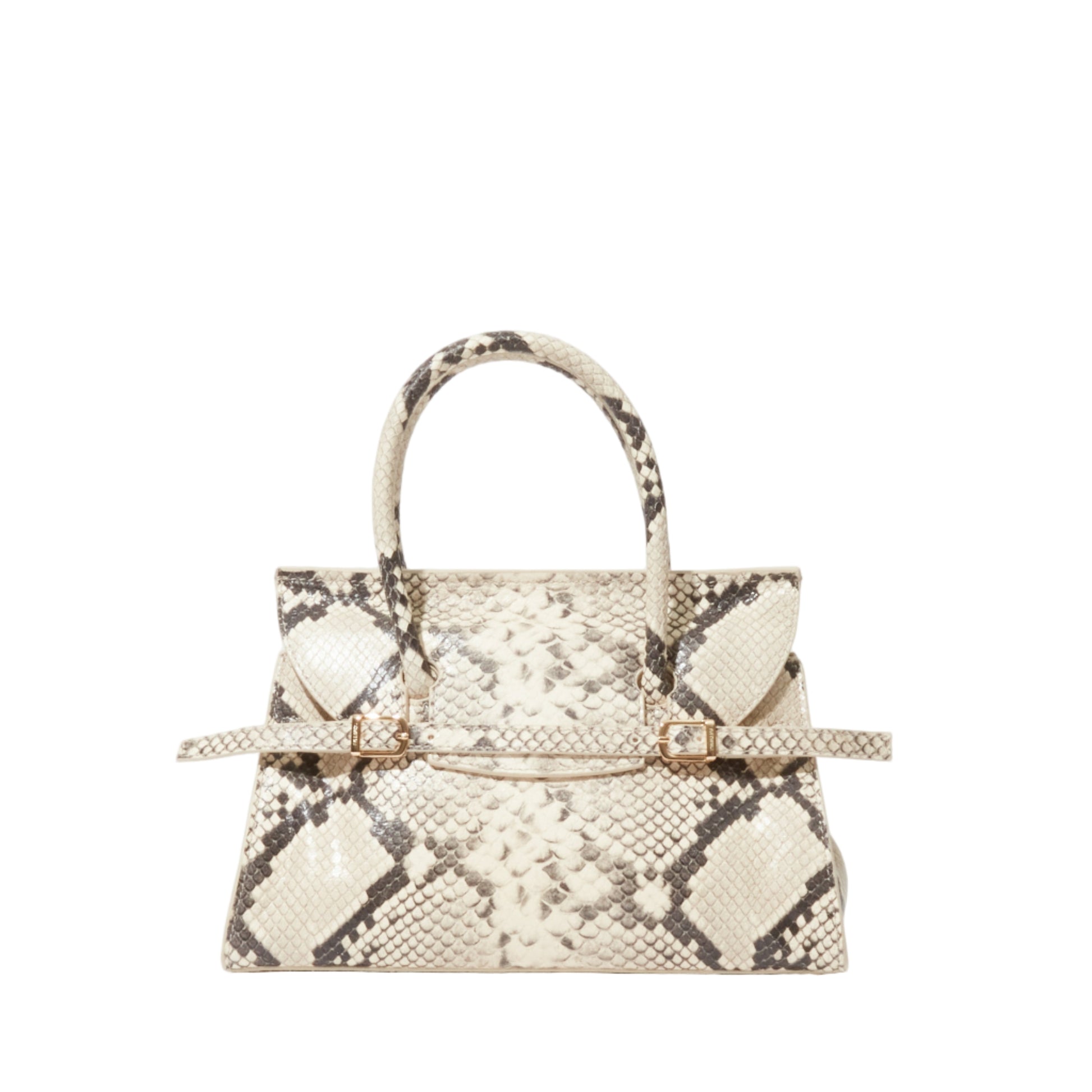 The Simkhai River Small Snake Top Handle Bag features a beige and black snakeskin pattern, two top handles, and a gold-tone clasp, shown on a white background.