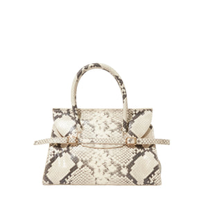 The Simkhai River Small Snake Top Handle Bag features a beige and black snakeskin pattern, two top handles, and a gold-tone clasp, shown on a white background.