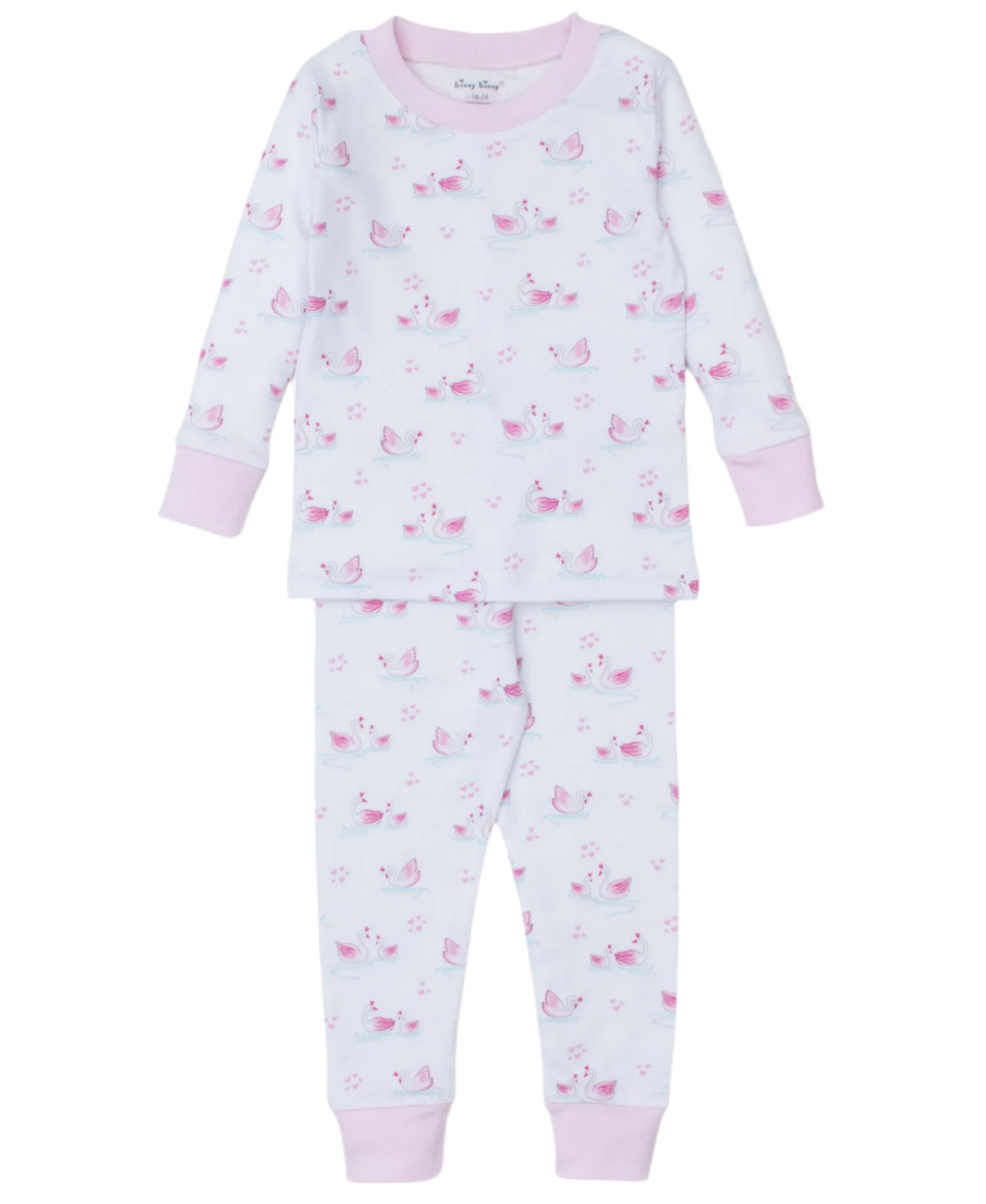 The Kissy Kissy Baby Girls' and Girls' Swan Sanctuary Pajama Set is a luxurious light pink and white ensemble in soft Pima cotton, adorned with a charming swan print. This set includes a cozy long-sleeved top and matching pants, perfect for your baby or toddler girl.