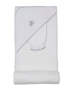 The Sweet Sheep Hooded Towel with Mitt by Kissy Kissy is a folded white hooded baby bath towel crafted from ultra-soft Pima cotton, featuring an embroidered sheep detail and scalloped edges, displayed on a white background.