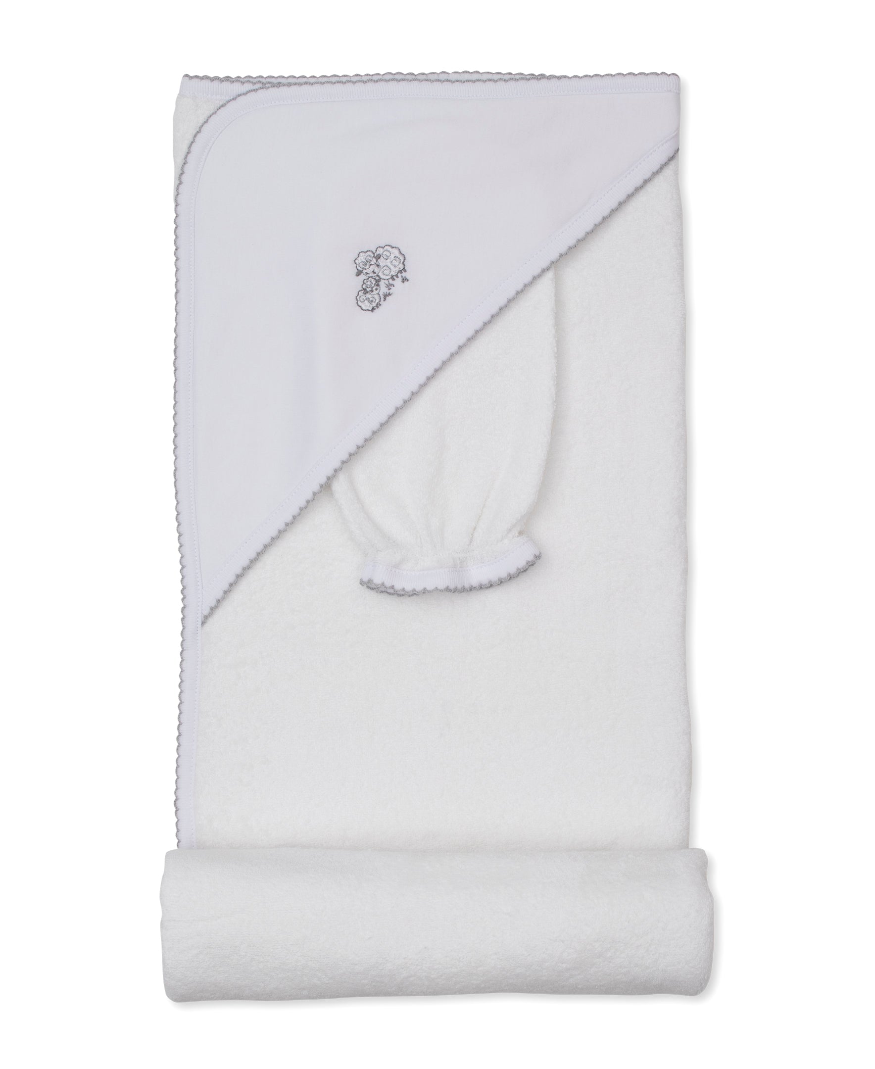 The Sweet Sheep Hooded Towel with Mitt by Kissy Kissy is a folded white hooded baby bath towel crafted from ultra-soft Pima cotton, featuring an embroidered sheep detail and scalloped edges, displayed on a white background.