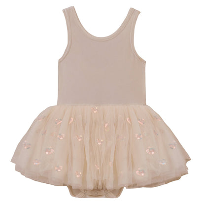 The Noralee Tallulah Hearts Tutu is a beige ballerina tutu dress for toddlers, featuring a sleeveless top and tulle skirt with floral patterns, paired with a velvety soft leotard for comfort.