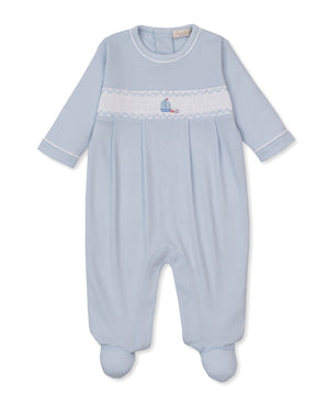 Dress your little one in the Kissy Kissy Baby Boys’ CLB Summer Medley Footie—a light blue, long-sleeve romper with footed bottoms. Made from premium Pima cotton, it features a white smocked chest panel adorned with a small embroidered sailboat at the center.