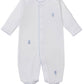 The Kissy Kissy Baby Teddy Bear Time Footie with Hand Emb. is a white Pima cotton onesie with long sleeves, covered feet, embroidered teddy bears, and blue scalloped trim.
