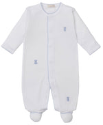 The Kissy Kissy Baby Teddy Bear Time Footie with Hand Emb. is a white Pima cotton onesie with long sleeves, covered feet, embroidered teddy bears, and blue scalloped trim.