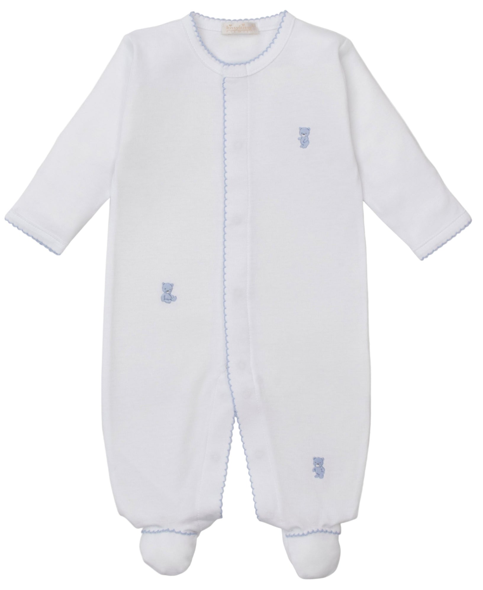 The Kissy Kissy Baby Teddy Bear Time Footie with Hand Emb. is a white Pima cotton onesie with long sleeves, covered feet, embroidered teddy bears, and blue scalloped trim.