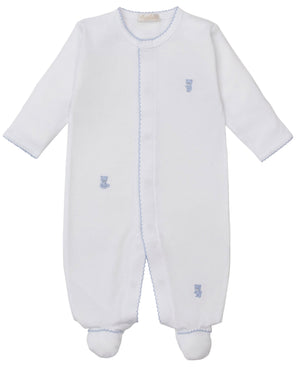 The Kissy Kissy Baby Teddy Bear Time Footie with Hand Emb. is a white Pima cotton onesie with long sleeves, covered feet, embroidered teddy bears, and blue scalloped trim.