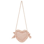 The Noralee Heart Purse, an ideal accessory, is heart-shaped and beige with a long strap and delicate ruffles, crafted from charming heart eyelet fabric.