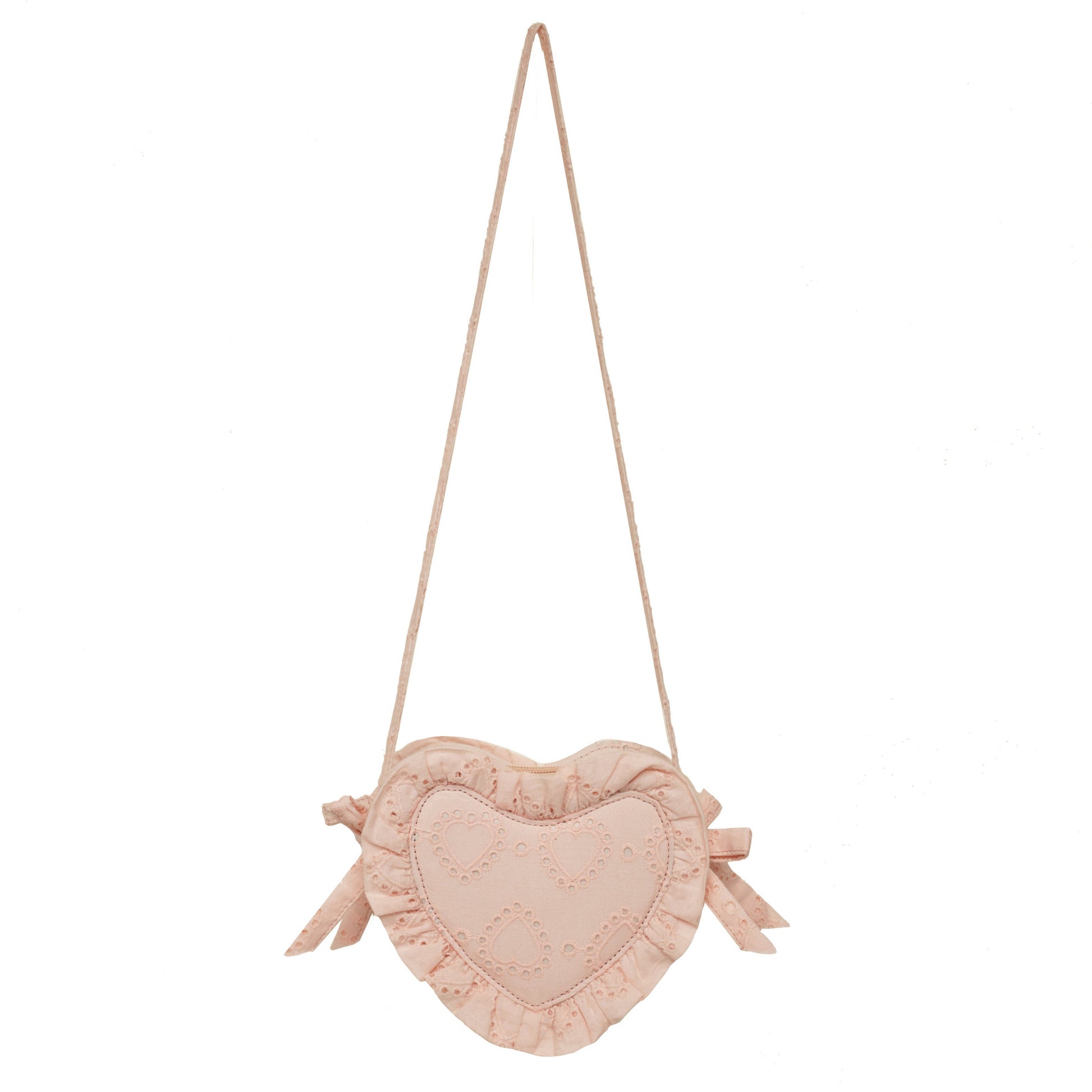 The Noralee Heart Purse, an ideal accessory, is heart-shaped and beige with a long strap and delicate ruffles, crafted from charming heart eyelet fabric.