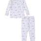 The Baby Girls' and Girls' Swan Sanctuary Pajama Set by Kissy Kissy features a luxurious Pima cotton long-sleeve top and pants adorned with pink unicorns on a white background, offering comfort and whimsical charm.