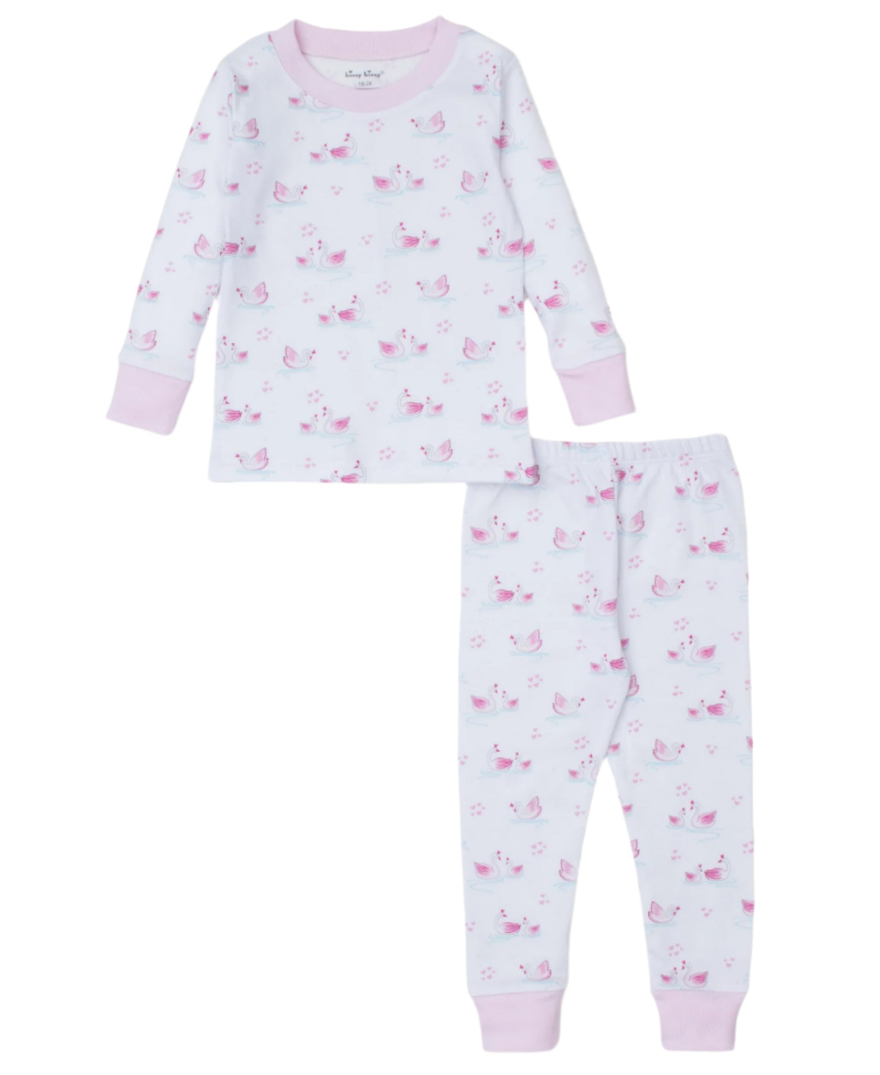 The Baby Girls' and Girls' Swan Sanctuary Pajama Set by Kissy Kissy features a luxurious Pima cotton long-sleeve top and pants adorned with pink unicorns on a white background, offering comfort and whimsical charm.