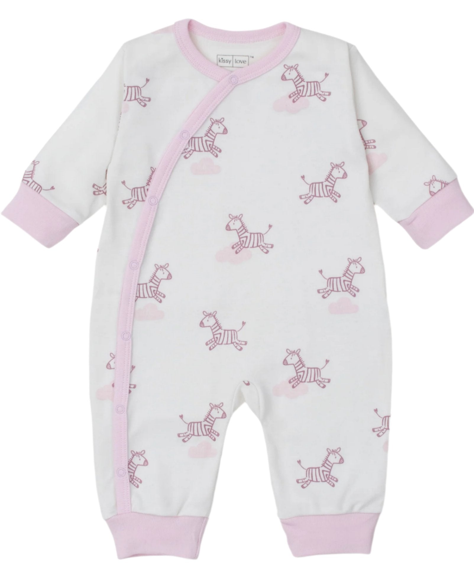 The Kissy Kissy Dreamy Zebras Playsuit from the brand Kissy Kissy features a charming pattern of blue dreamy zebras on a white playsuit with pink trim, made from soft Pima cotton for maximum comfort.