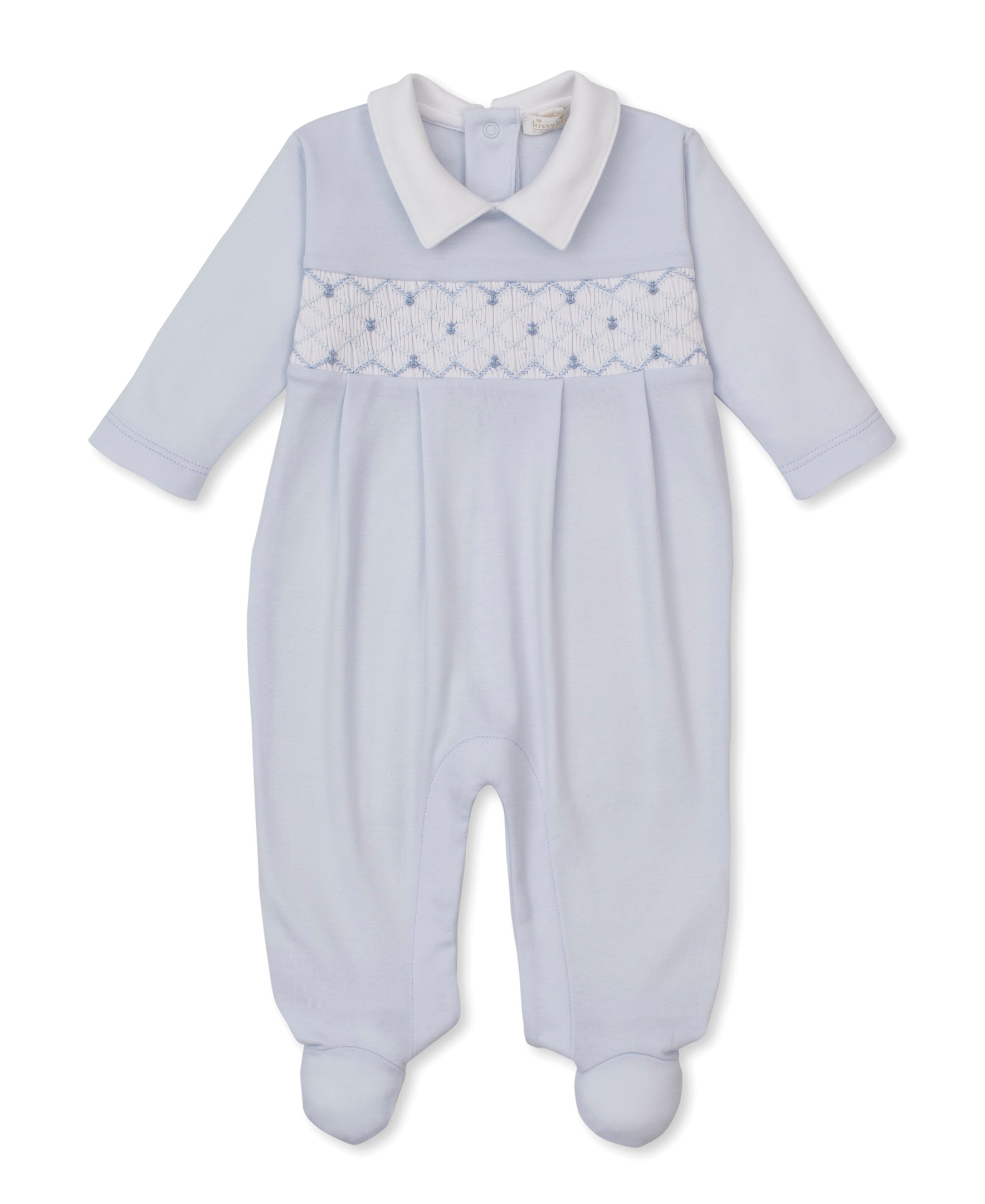 Dress your little one in ultimate comfort with the Baby Boys’ Collared Hand Smocked Footie from Kissy Kissy. Featuring a light blue color, long sleeves, a crisp white collar, and delicate hand-embroidered smocking detail across the chest, this footie is crafted from soft pima cotton for a gentle touch on your baby’s skin. A charming wardrobe addition by Kissy Kissy.