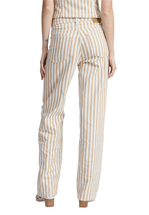 A person is seen from the back against a white background, wearing Rag & Bone Shea High-Rise Relaxed Straight Full Length Stripe pants and heeled sandals.
