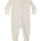 Introducing the Quincy Mae Baby Zip Long Sleeve Sleeper Footie: a cozy, long-sleeve footed onesie made from soft organic brushed jersey, featuring a white backdrop adorned with a delicate light floral print. Designed for convenience and comfort, it includes non-slip soles and an easy front zipper closure for effortless changes.