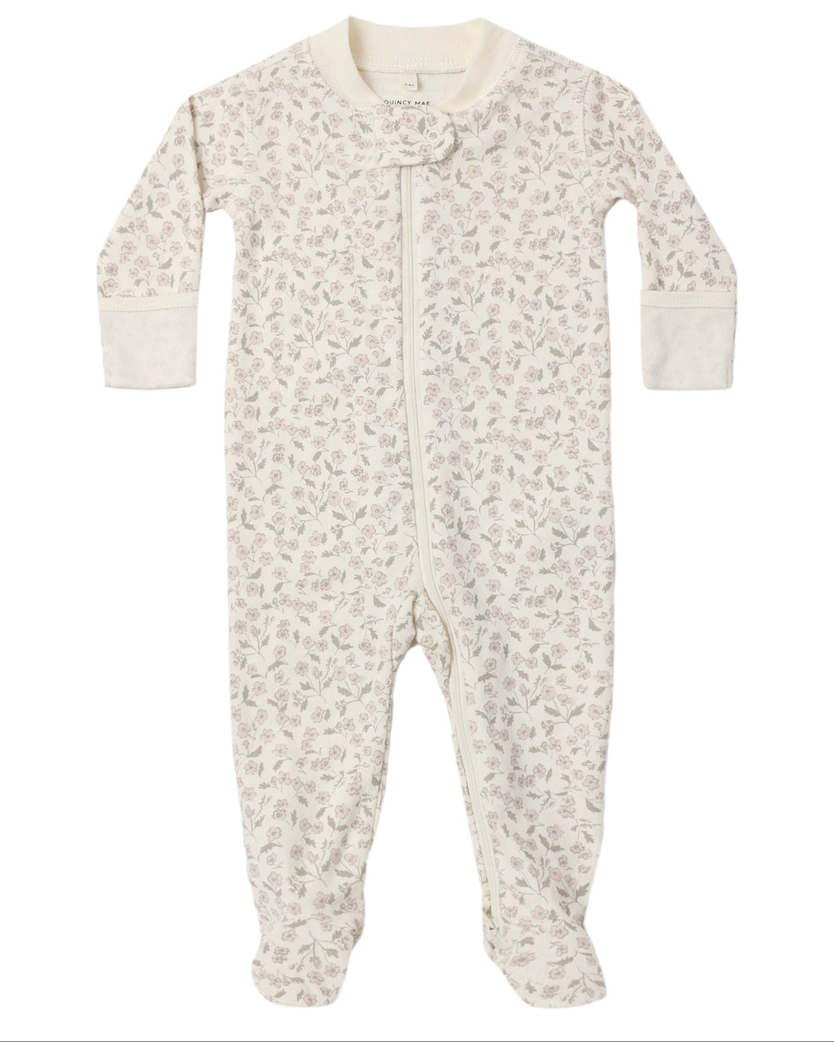 Introducing the Quincy Mae Baby Zip Long Sleeve Sleeper Footie: a cozy, long-sleeve footed onesie made from soft organic brushed jersey, featuring a white backdrop adorned with a delicate light floral print. Designed for convenience and comfort, it includes non-slip soles and an easy front zipper closure for effortless changes.