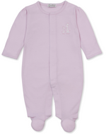 The Kissy Kissy Baby Giraffe Laughs Footie is a light pink long-sleeve footed onesie made from ultra-soft Peruvian cotton, featuring a small embroidered giraffe on the chest and shown laid flat against a white background.