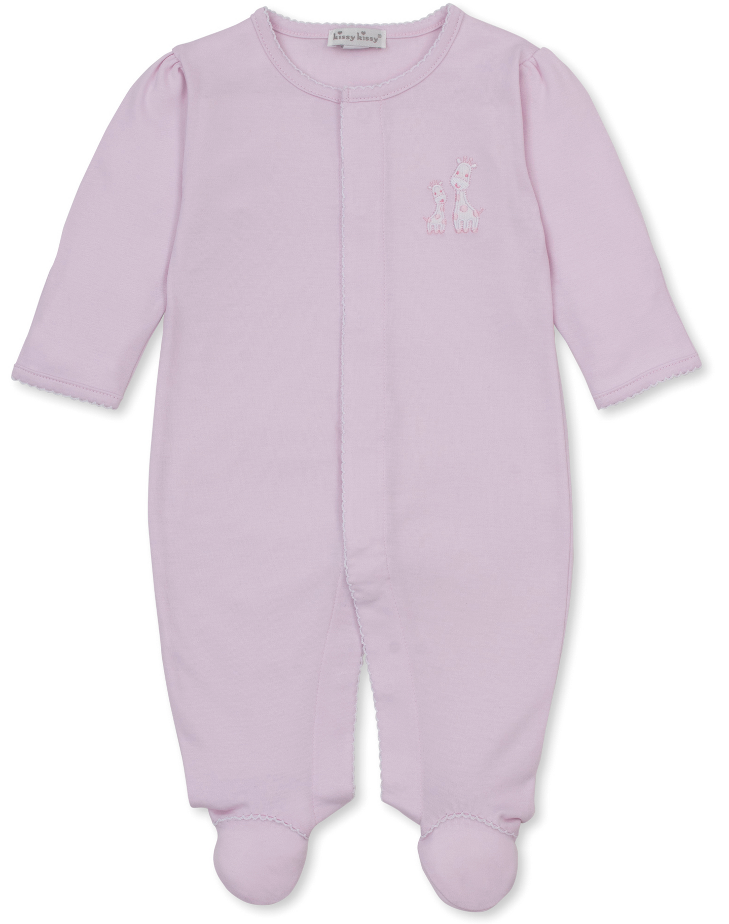 The Kissy Kissy Baby Giraffe Laughs Footie is a light pink long-sleeve footed onesie made from ultra-soft Peruvian cotton, featuring a small embroidered giraffe on the chest and shown laid flat against a white background.