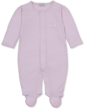 The Kissy Kissy Baby Giraffe Laughs Footie is a light pink long-sleeve footed onesie made from ultra-soft Peruvian cotton, featuring a small embroidered giraffe on the chest and shown laid flat against a white background.