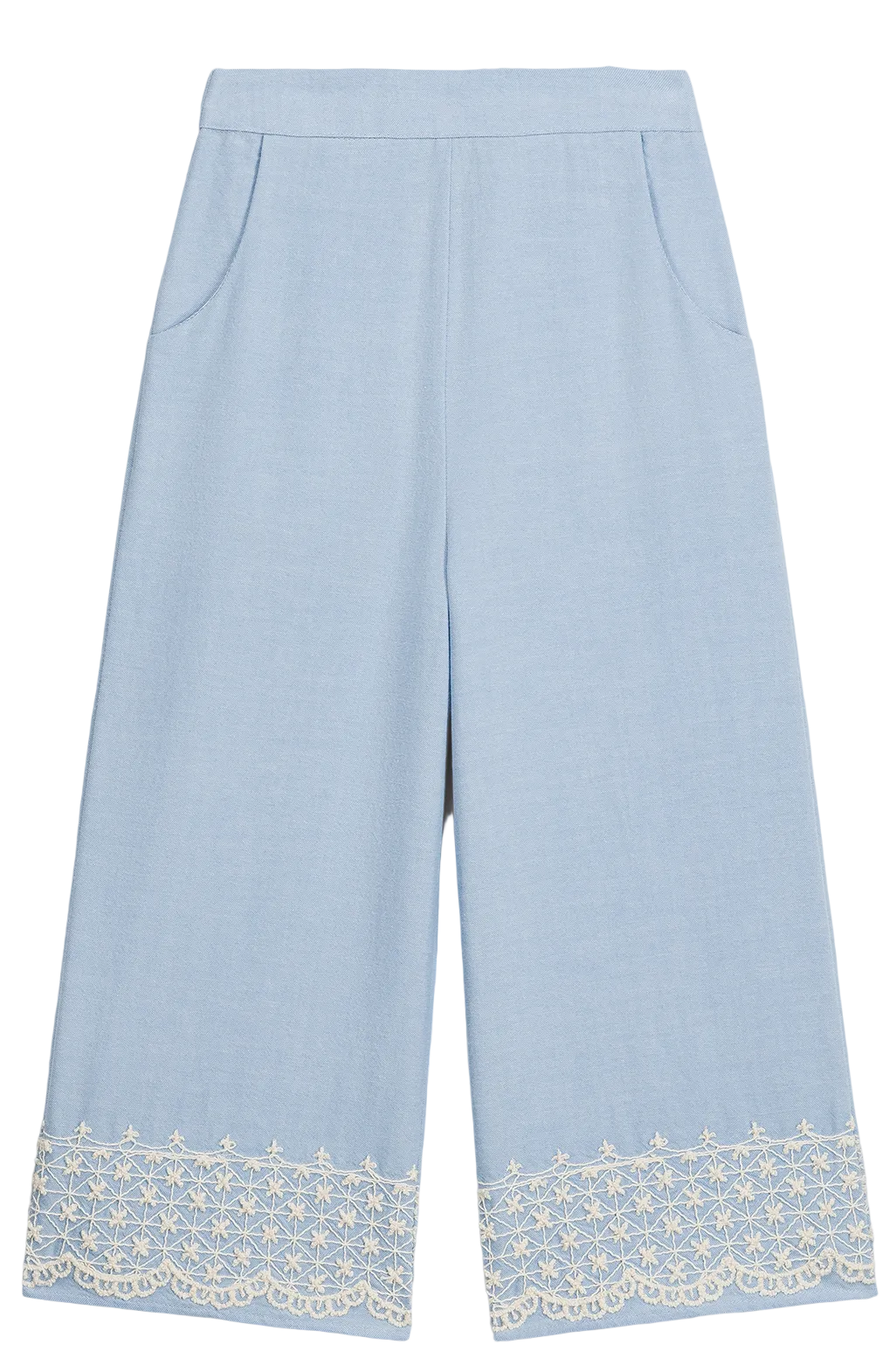 The Girls’ Florelia Pants by Louise Misha are light blue wide-leg Oxford cotton trousers with pockets, an elasticized waist, and delicate white embroidered lace detail along the hem.
