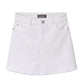 The DL1961 Girls' Jenny Denim Mini Skirt features white denim, front pockets, belt loops, a button closure, and a raw hem, shown against a plain background.