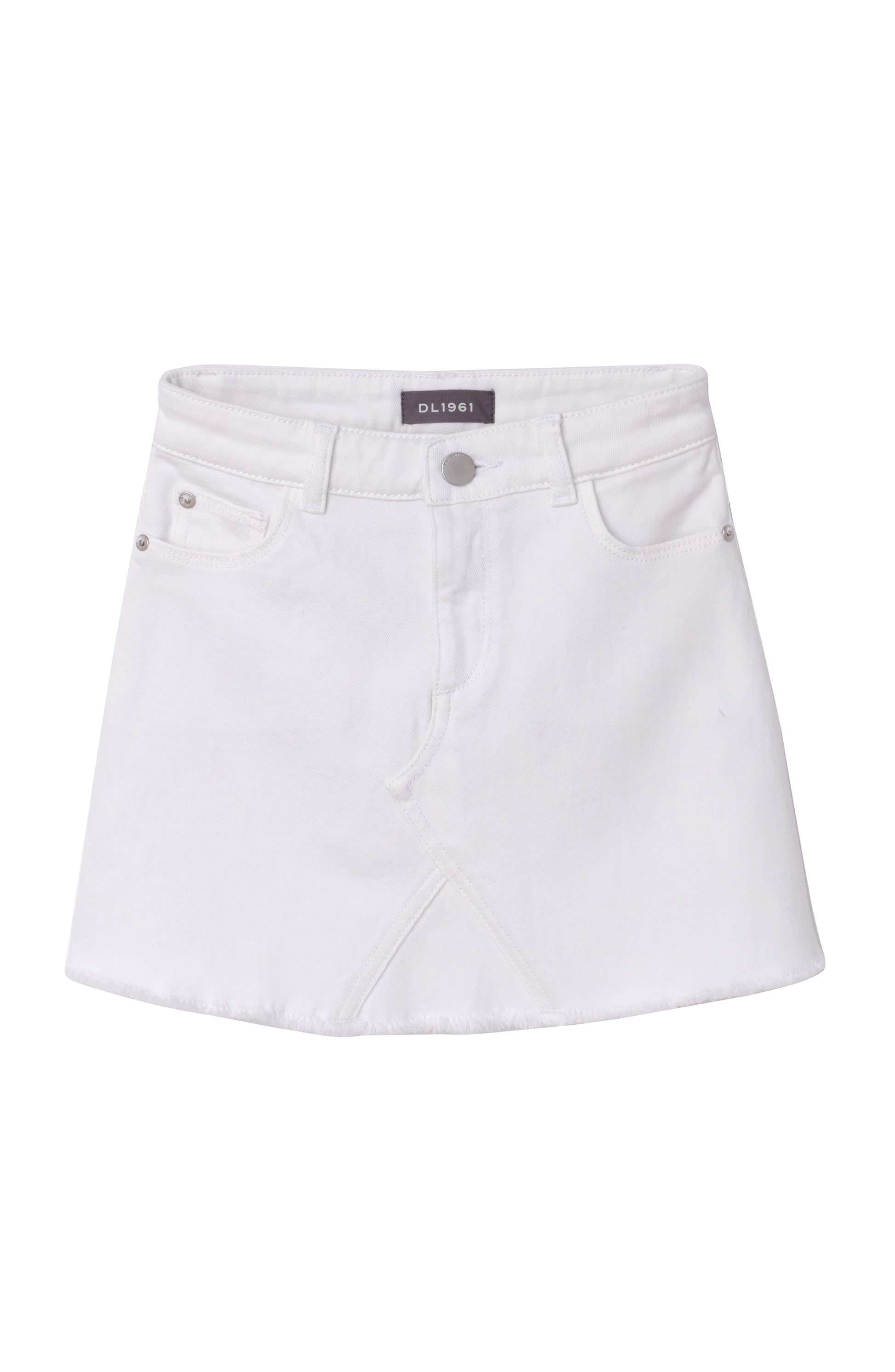 The DL1961 Girls' Jenny Denim Mini Skirt features white denim, front pockets, belt loops, a button closure, and a raw hem, shown against a plain background.