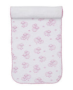 The Kissy Kissy Sweet Sheep Burp Cloth, featuring soft white Pima cotton adorned with an adorable pink sheep print and delicate scalloped edges, is unrolled against a white background—an ideal gentle burp cloth for your baby.