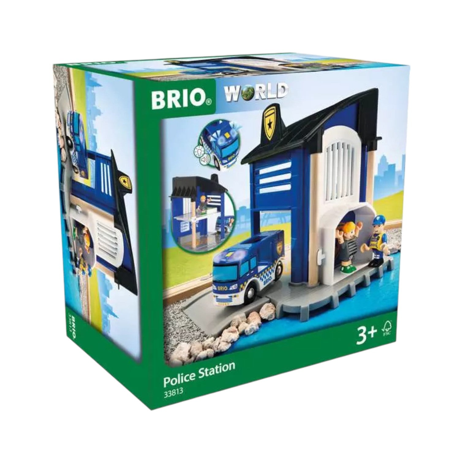 Brio Police Station set for ages 3+, includes a detailed station building, figures, police van, and prison cell for imaginative play.