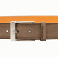 A brown Magnanni Telante Belt in suede leather with a brushed nickel buckle, displayed on a white background.