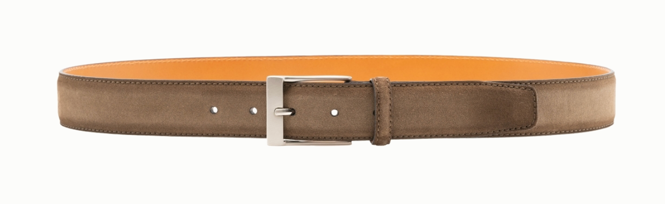 A brown Magnanni Telante Belt in suede leather with a brushed nickel buckle, displayed on a white background.