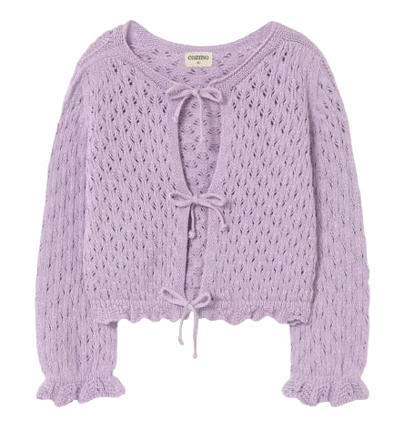 The Cozmo Girls' Ivy Tricot Cardigan features a lavender openwork design, eyelet details, long sleeves with ruffled cuffs, and three front tie closures.