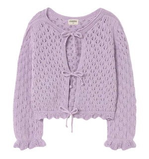 The Cozmo Girls' Ivy Tricot Cardigan features a lavender openwork design, eyelet details, long sleeves with ruffled cuffs, and three front tie closures.