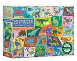 Eeboo's Dinosaur Alphabet 20 Piece Puzzle pairs illustrated dinosaurs with alphabet letters on a vibrant box, making it perfect for children ages 3+ learning the alphabet.