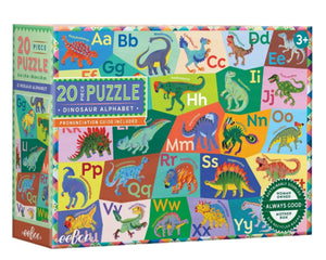 Eeboo's Dinosaur Alphabet 20 Piece Puzzle pairs illustrated dinosaurs with alphabet letters on a vibrant box, making it perfect for children ages 3+ learning the alphabet.