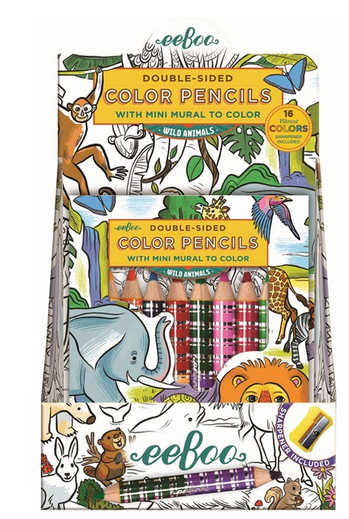 The Eeboo Mini Mural with Color Pencils includes 16 double-sided color pencils, a magical creatures fold-out mural, and a sharpener.