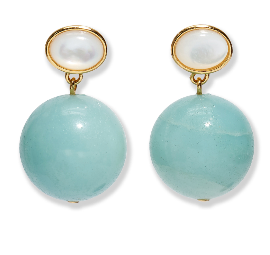 The Cora Drop Earrings by Lizzie Fortunato feature oval white pearl studs in gold-plated brass, suspended above large round pale blue-green amazonite beads.