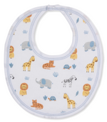 The Jungle Hang Out Printed Bib by Kissy Kissy is a white Pima cotton bib adorned with a delightful pastel jungle print featuring lions, giraffes, elephants, zebras, turtles, and plants—making baby mealtime both cute and mess-free.