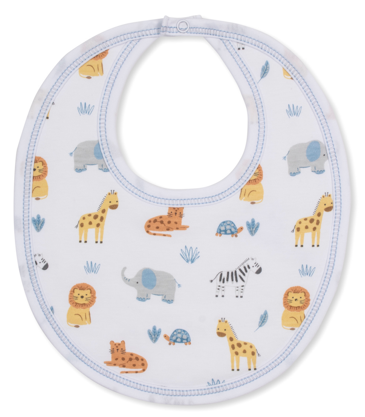 The Jungle Hang Out Printed Bib by Kissy Kissy is a white Pima cotton bib adorned with a delightful pastel jungle print featuring lions, giraffes, elephants, zebras, turtles, and plants—making baby mealtime both cute and mess-free.