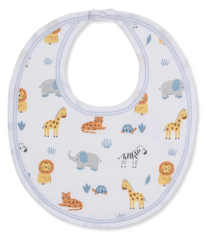 The Jungle Hang Out Printed Bib by Kissy Kissy is a white Pima cotton bib adorned with a delightful pastel jungle print featuring lions, giraffes, elephants, zebras, turtles, and plants—making baby mealtime both cute and mess-free.