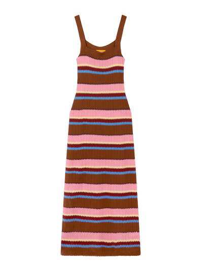 The Guest in Residence Palazzo Dress is a sleeveless, ankle-length knit with horizontal stripes in brown, pink, white, and purple and a breathable rib texture.