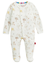The Magnetic Me Baby Bedtime Rhymes Footie is a white modal baby onesie with long sleeves and covered feet, featuring soft pastel animal, sun, and tree prints and a convenient diagonal snap closure on the front.