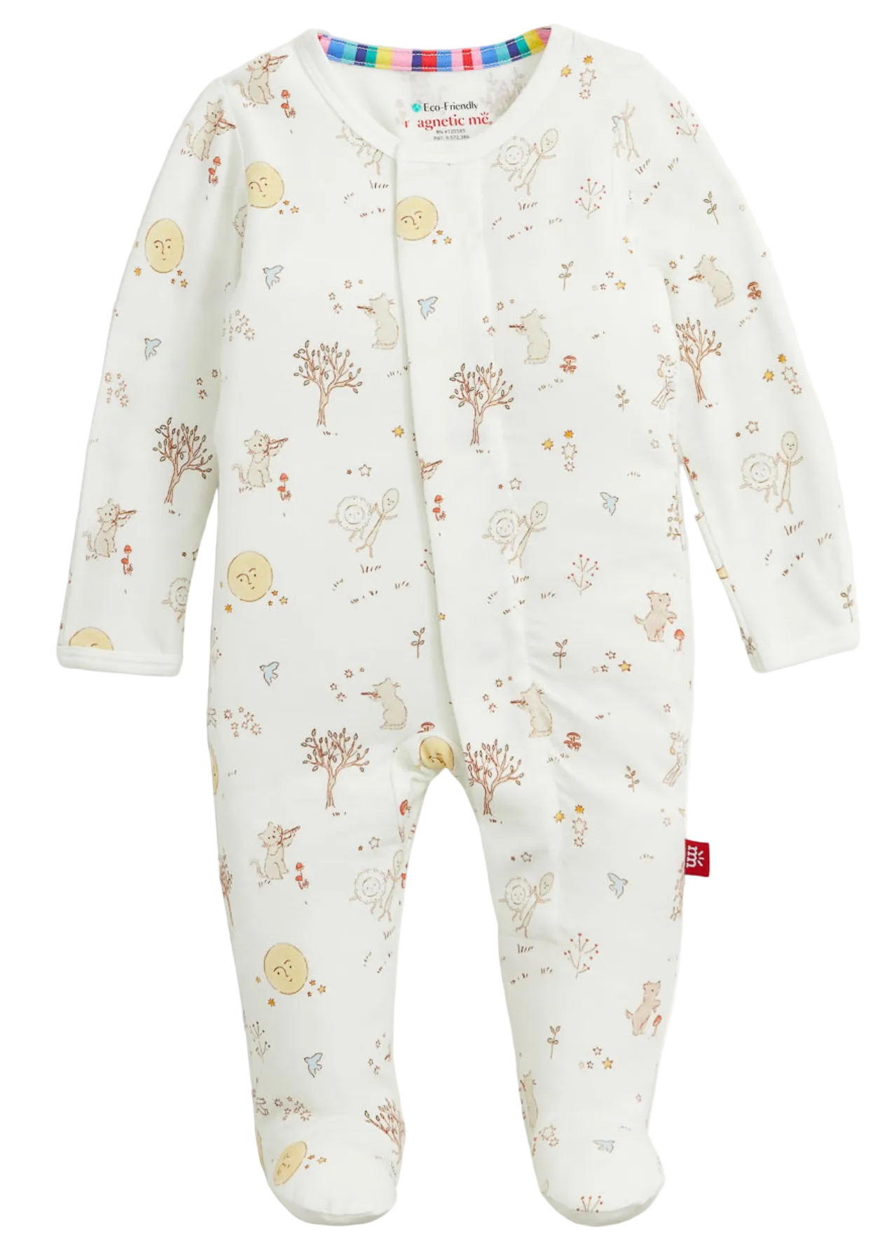 The Magnetic Me Baby Bedtime Rhymes Footie is a white modal baby onesie with long sleeves and covered feet, featuring soft pastel animal, sun, and tree prints and a convenient diagonal snap closure on the front.