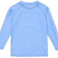 The Snapper Rock Boys' LS Rash Top in light blue features "SNAPPERROCK" lettering on one sleeve, perfect for sun safety, and is shown flat on a white background.
